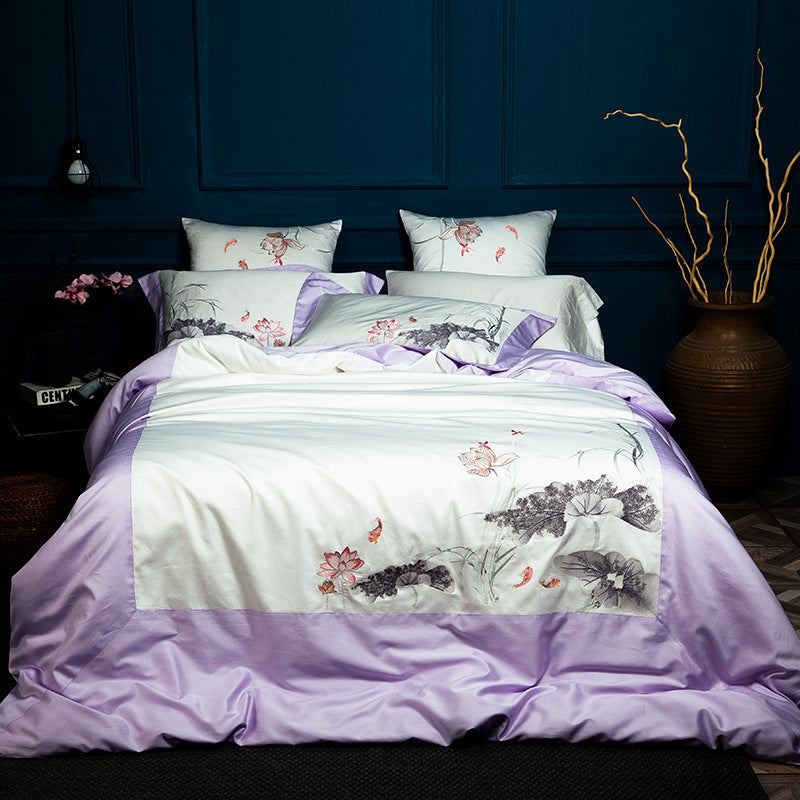 KTX-263251 Solid Color Long-Staple Cotton Bedding Set with Embroidery Accents