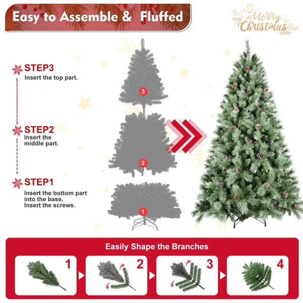 KTX-263699 7ft Artificial Christmas Tree with Mixed Branch Tips and Pine Cones - Foldable Hinged Base for Indoor Use