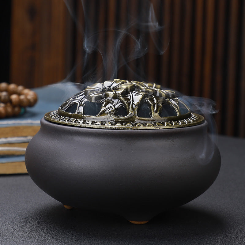 KTX-268627 Ceramic Incense Burner with Copper Lid and Antique Alloy Wire, Buddha Design, 9.5cm Diameter, 7cm Height