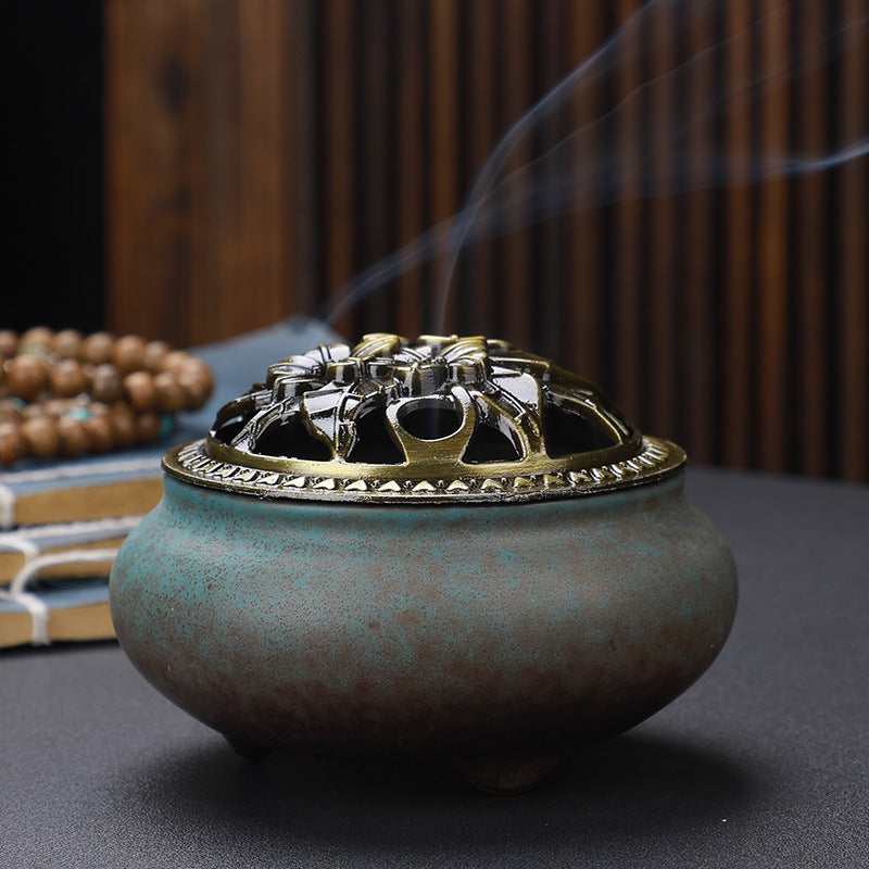 KTX-268627 Ceramic Incense Burner with Copper Lid and Antique Alloy Wire, Buddha Design, 9.5cm Diameter, 7cm Height