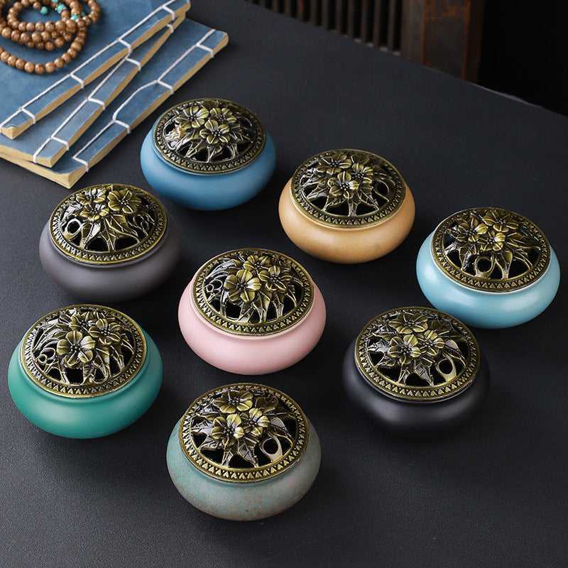 KTX-268627 Ceramic Incense Burner with Copper Lid and Antique Alloy Wire, Buddha Design, 9.5cm Diameter, 7cm Height