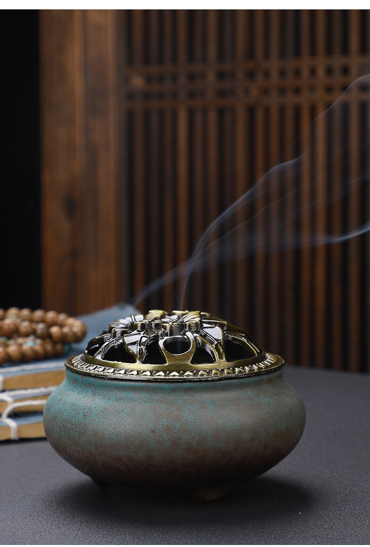 KTX-268627 Ceramic Incense Burner with Copper Lid and Antique Alloy Wire, Buddha Design, 9.5cm Diameter, 7cm Height