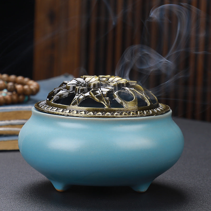 KTX-268627 Ceramic Incense Burner with Copper Lid and Antique Alloy Wire, Buddha Design, 9.5cm Diameter, 7cm Height