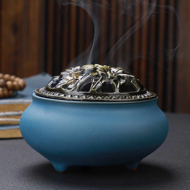 KTX-268627 Ceramic Incense Burner with Copper Lid and Antique Alloy Wire, Buddha Design, 9.5cm Diameter, 7cm Height
