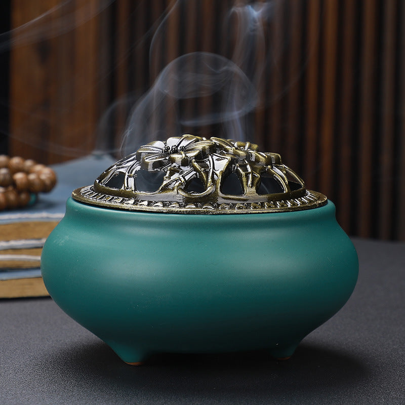 KTX-268627 Ceramic Incense Burner with Copper Lid and Antique Alloy Wire, Buddha Design, 9.5cm Diameter, 7cm Height