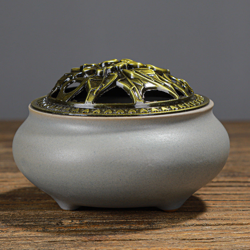 KTX-268627 Ceramic Incense Burner with Copper Lid and Antique Alloy Wire, Buddha Design, 9.5cm Diameter, 7cm Height