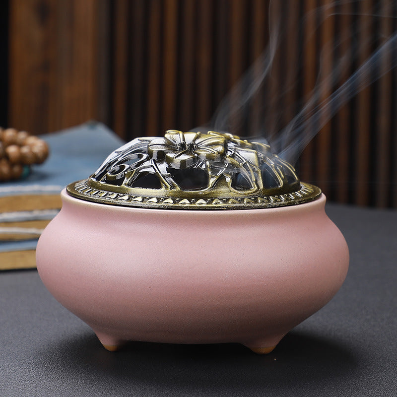 KTX-268627 Ceramic Incense Burner with Copper Lid and Antique Alloy Wire, Buddha Design, 9.5cm Diameter, 7cm Height