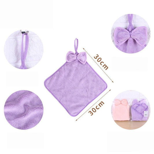 KTX-270419 Lightweight Microfiber Coral Velvet Bow Towel - Absorbent Hand Towel in 4 Colors, 30x30cm