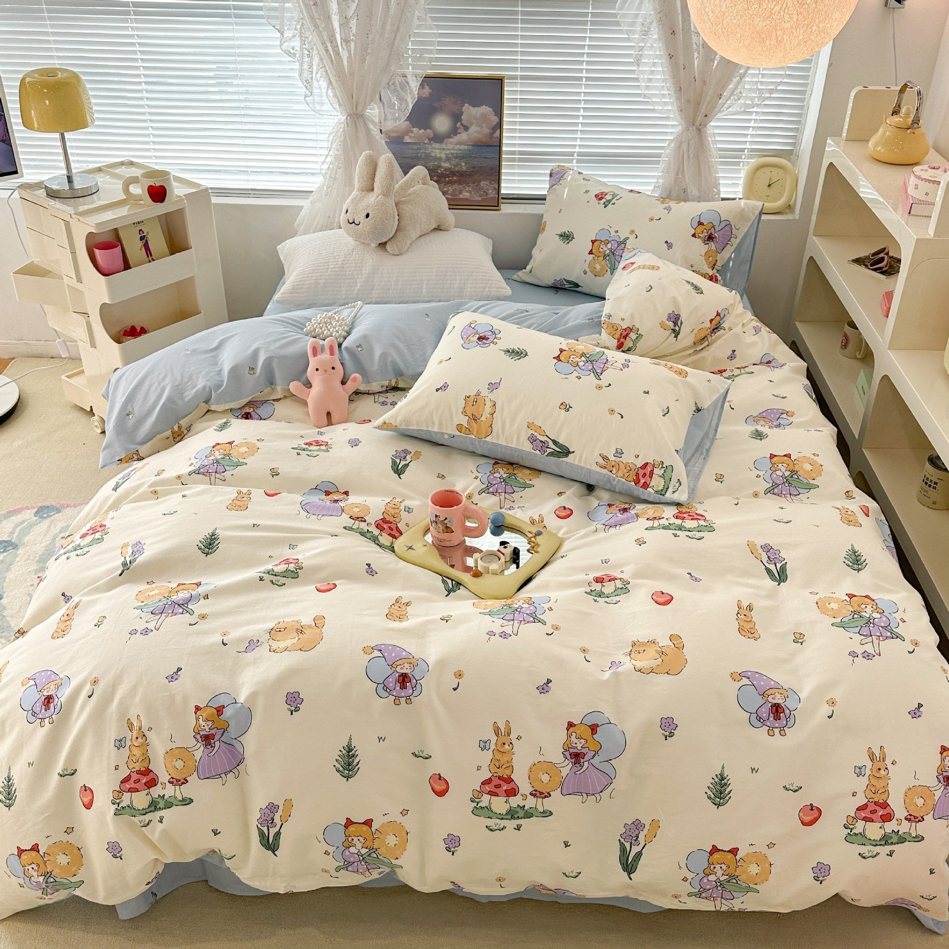 KTX-270995 Floral Rabbit Cotton Bedding Set – Three or Four Piece Pastoral Design with Quilt Cover and Bed Sheet