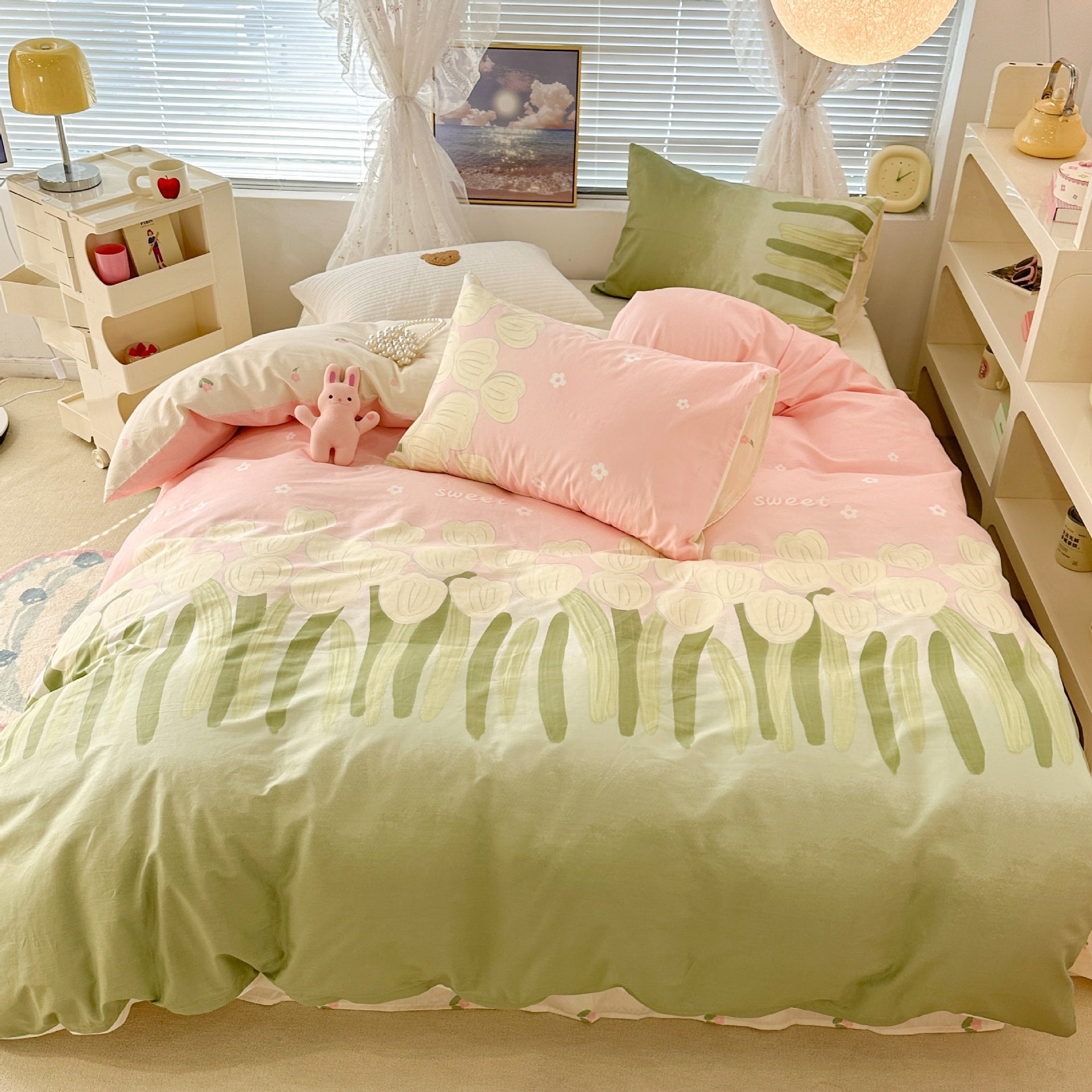 KTX-270995 Floral Rabbit Cotton Bedding Set – Three or Four Piece Pastoral Design with Quilt Cover and Bed Sheet