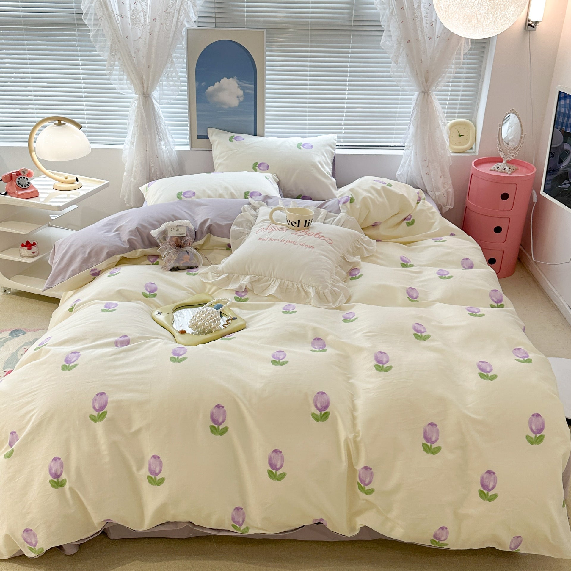 KTX-270995 Floral Rabbit Cotton Bedding Set – Three or Four Piece Pastoral Design with Quilt Cover and Bed Sheet