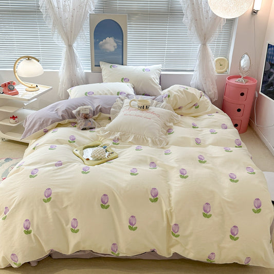 KTX-270995 Floral Rabbit Cotton Bedding Set – Three or Four Piece Pastoral Design with Quilt Cover and Bed Sheet