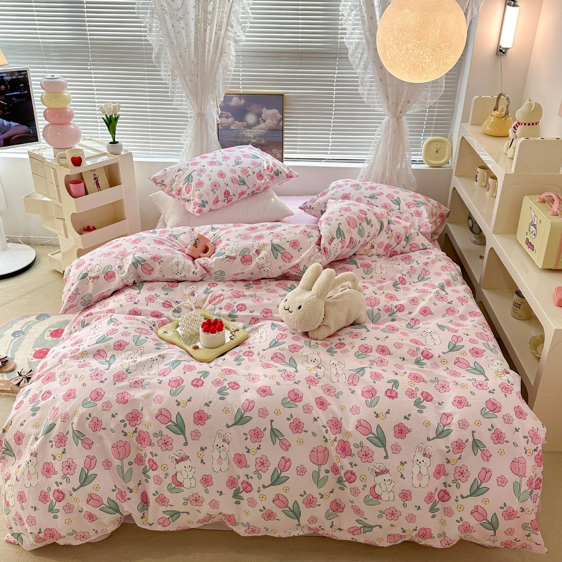 KTX-270995 Floral Rabbit Cotton Bedding Set – Three or Four Piece Pastoral Design with Quilt Cover and Bed Sheet