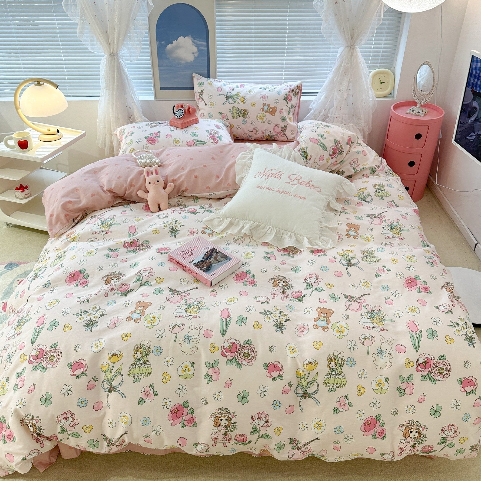 KTX-270995 Floral Rabbit Cotton Bedding Set – Three or Four Piece Pastoral Design with Quilt Cover and Bed Sheet