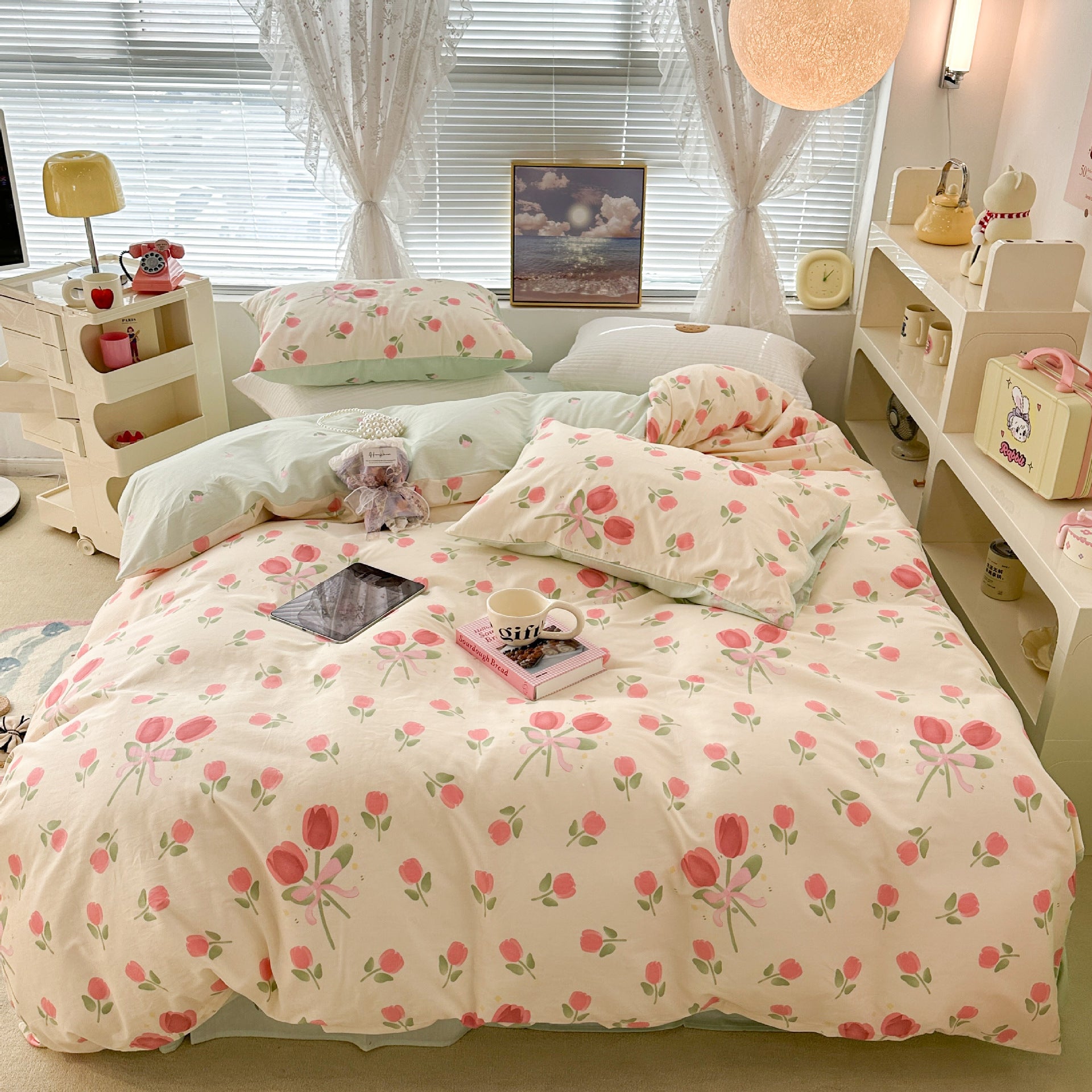 KTX-270995 Floral Rabbit Cotton Bedding Set – Three or Four Piece Pastoral Design with Quilt Cover and Bed Sheet