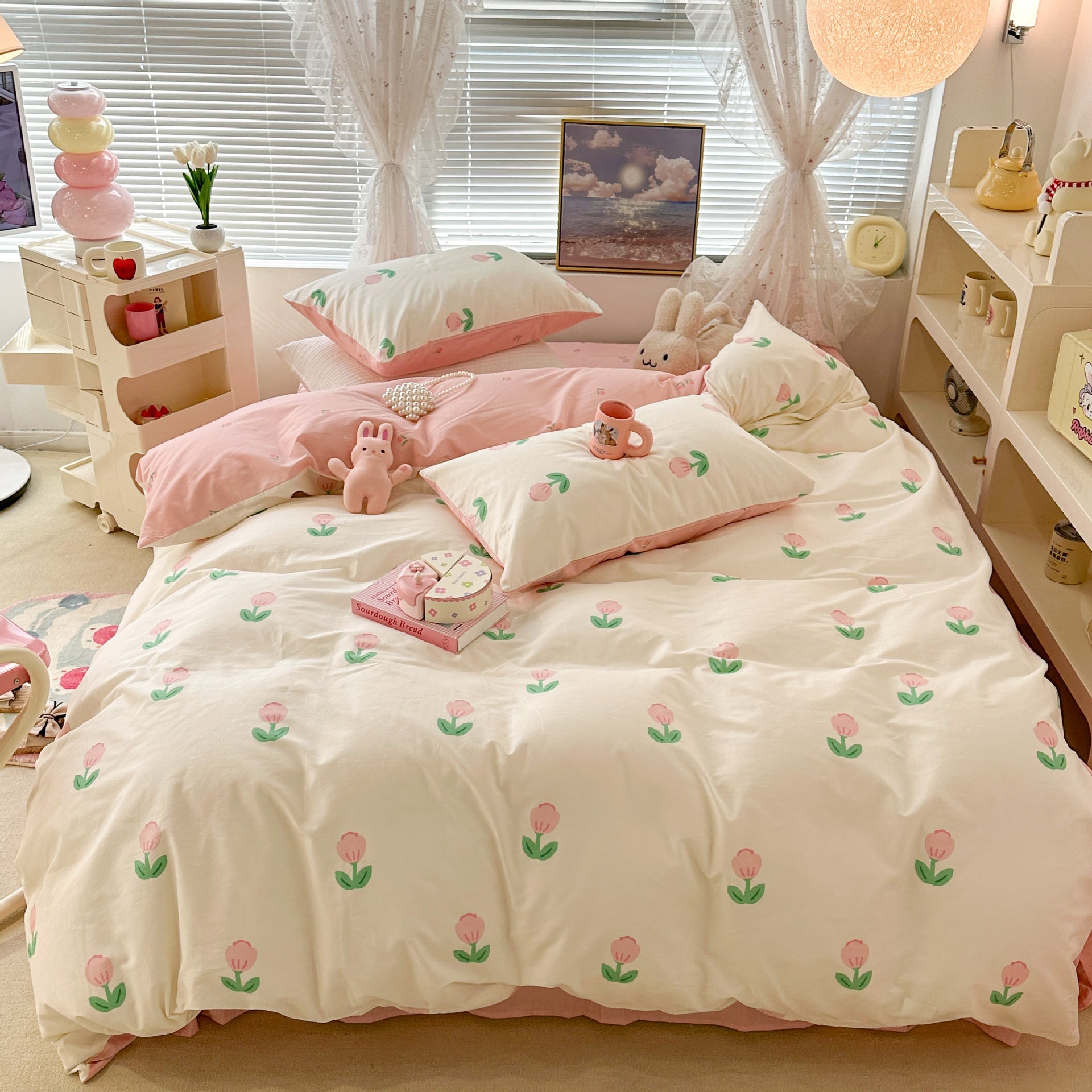 KTX-270995 Floral Rabbit Cotton Bedding Set – Three or Four Piece Pastoral Design with Quilt Cover and Bed Sheet