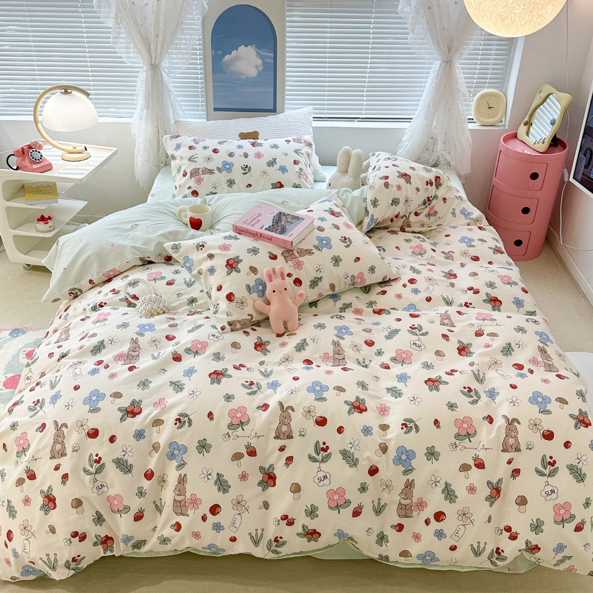 KTX-270995 Floral Rabbit Cotton Bedding Set – Three or Four Piece Pastoral Design with Quilt Cover and Bed Sheet