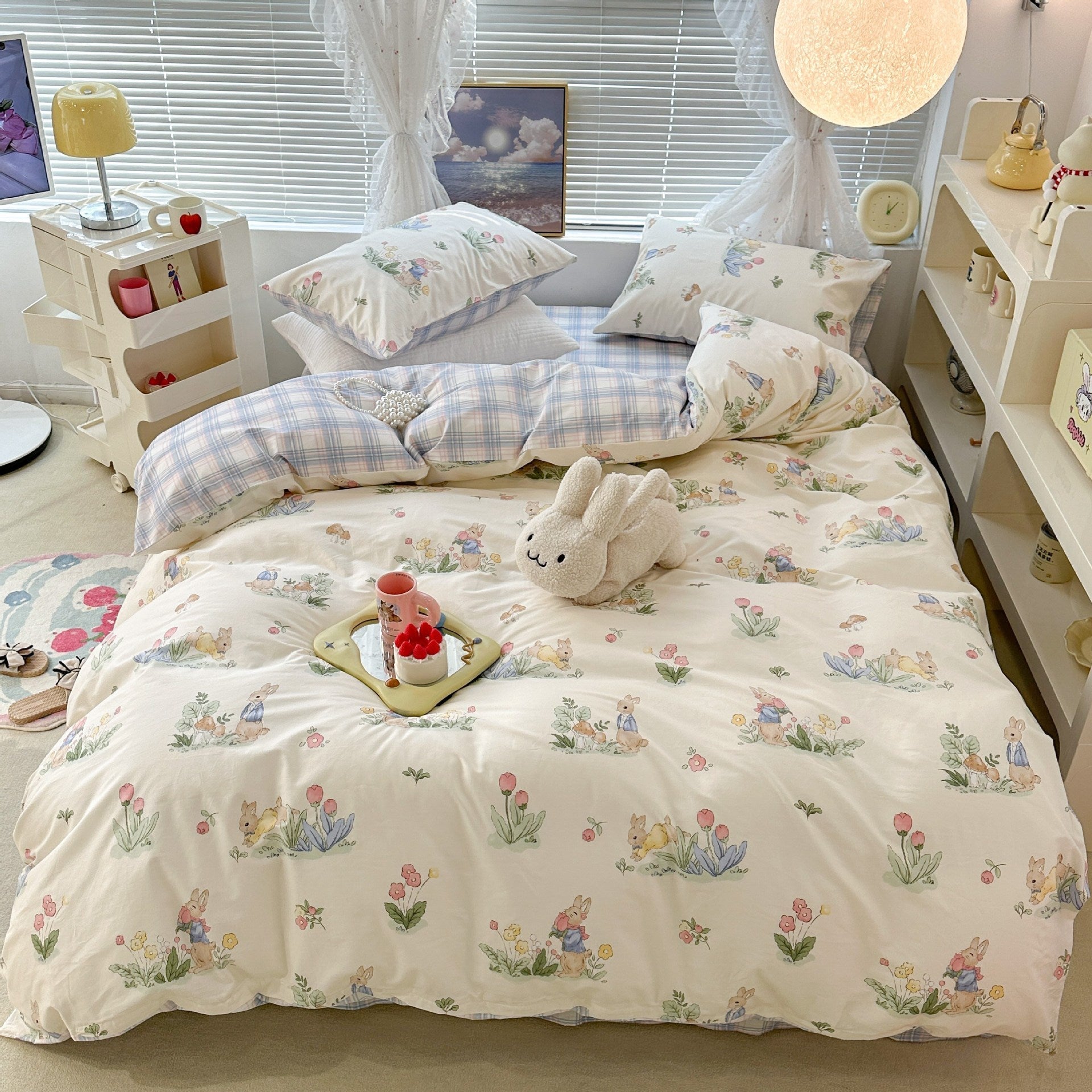 KTX-270995 Floral Rabbit Cotton Bedding Set – Three or Four Piece Pastoral Design with Quilt Cover and Bed Sheet