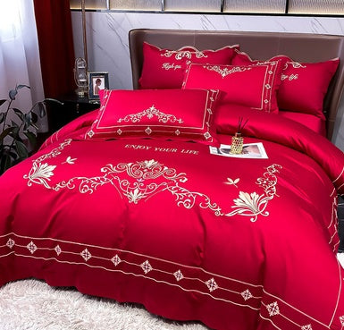 KTX-272467 Tencel and Cotton 4-Piece Bedding Set with Elegant Embroidery - Multiple Colors Available