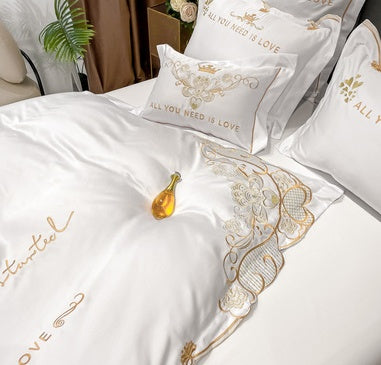 KTX-272467 Tencel and Cotton 4-Piece Bedding Set with Elegant Embroidery - Multiple Colors Available