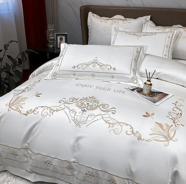 KTX-272467 Tencel and Cotton 4-Piece Bedding Set with Elegant Embroidery - Multiple Colors Available