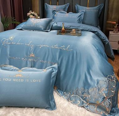 KTX-272467 Tencel and Cotton 4-Piece Bedding Set with Elegant Embroidery - Multiple Colors Available
