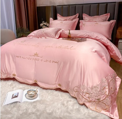 KTX-272467 Tencel and Cotton 4-Piece Bedding Set with Elegant Embroidery - Multiple Colors Available