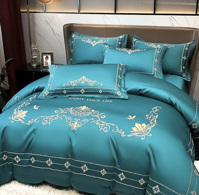 KTX-272467 Tencel and Cotton 4-Piece Bedding Set with Elegant Embroidery - Multiple Colors Available