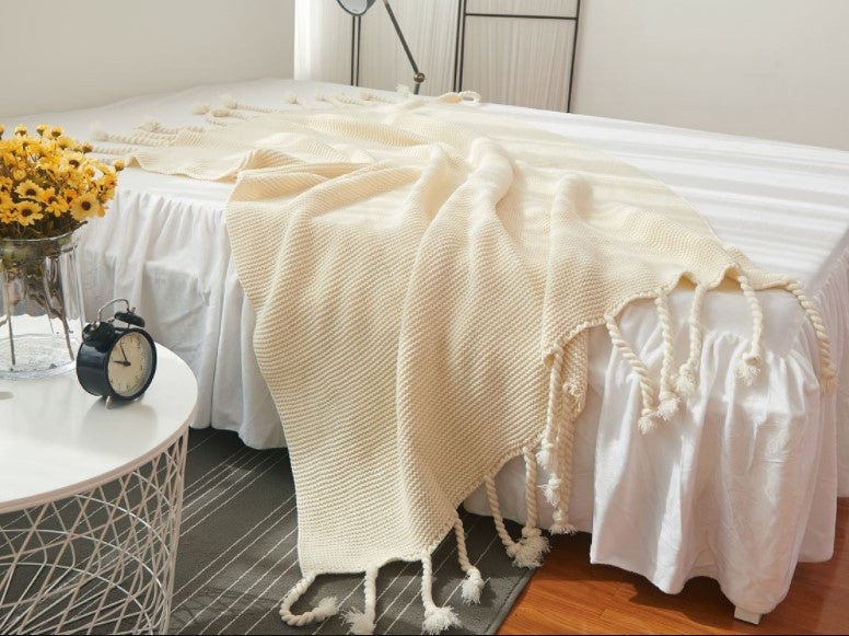 KTX-273619 Knitted Tassel Sofa Blanket - Polyester Fiber, 130x170cm & 150x200cm Options