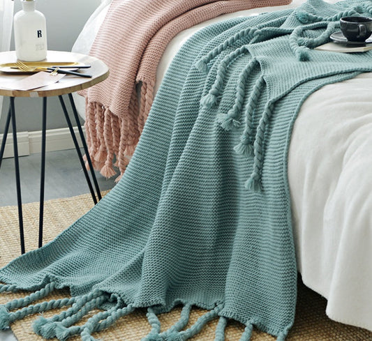 KTX-273619 Knitted Tassel Sofa Blanket - Polyester Fiber, 130x170cm & 150x200cm Options