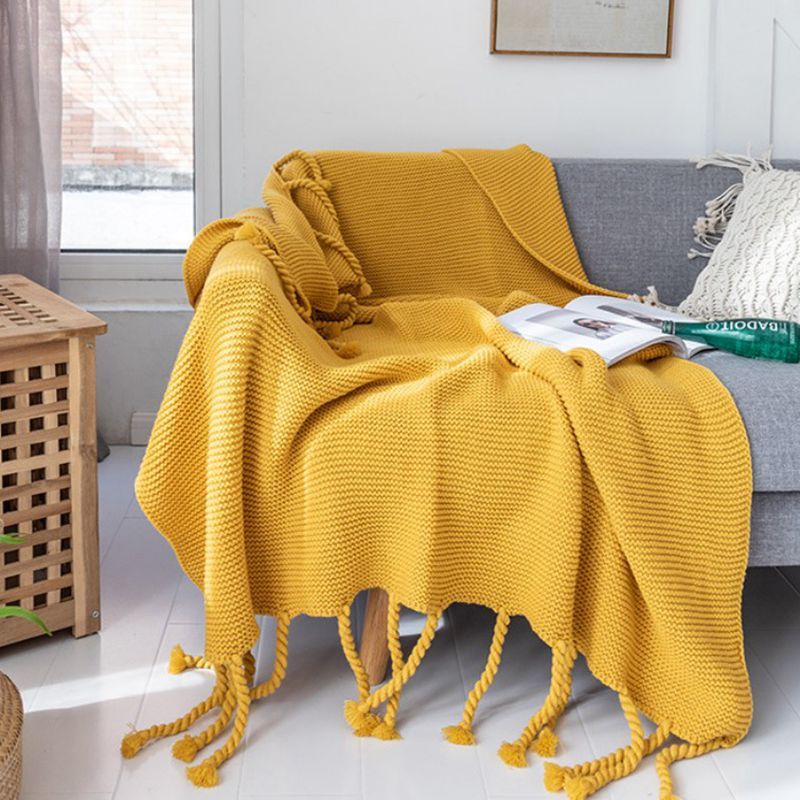 KTX-273619 Knitted Tassel Sofa Blanket - Polyester Fiber, 130x170cm & 150x200cm Options