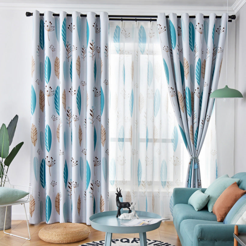 KTX-274003 Nordic Leaf Pattern Shading Curtains for Bedroom and Living Room, High Shading Polyester Fabric