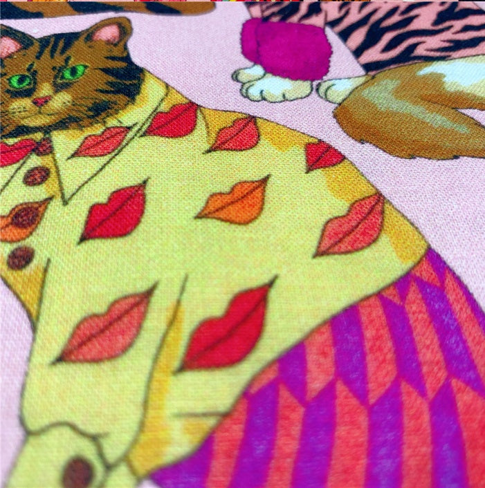 KTX-274131 Handmade Cat Print Patchwork Shirt Scarf Dress for Children - Cotton, Green and Pink