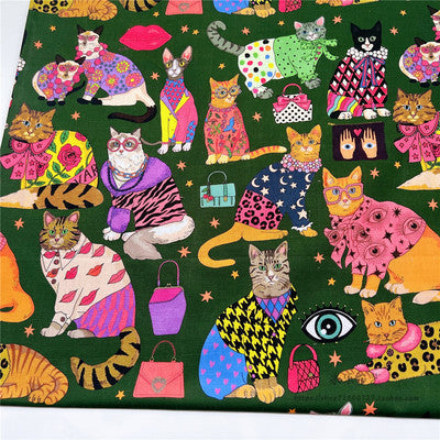 KTX-274131 Handmade Cat Print Patchwork Shirt Scarf Dress for Children - Cotton, Green and Pink