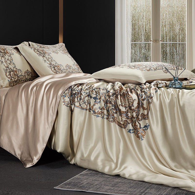 KTX-277075 Silk Four-Piece Bedding Set with Quilt Cover, Bed Sheet, and Pillowcases
