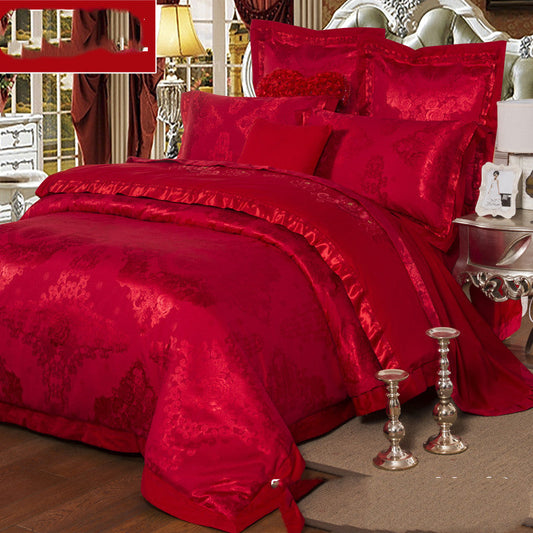 KTX-277907 Cotton Satin Jacquard 4-Piece Bedding Set with Floral Design in Multiple Colors: Red, Light Green, Pink, and More