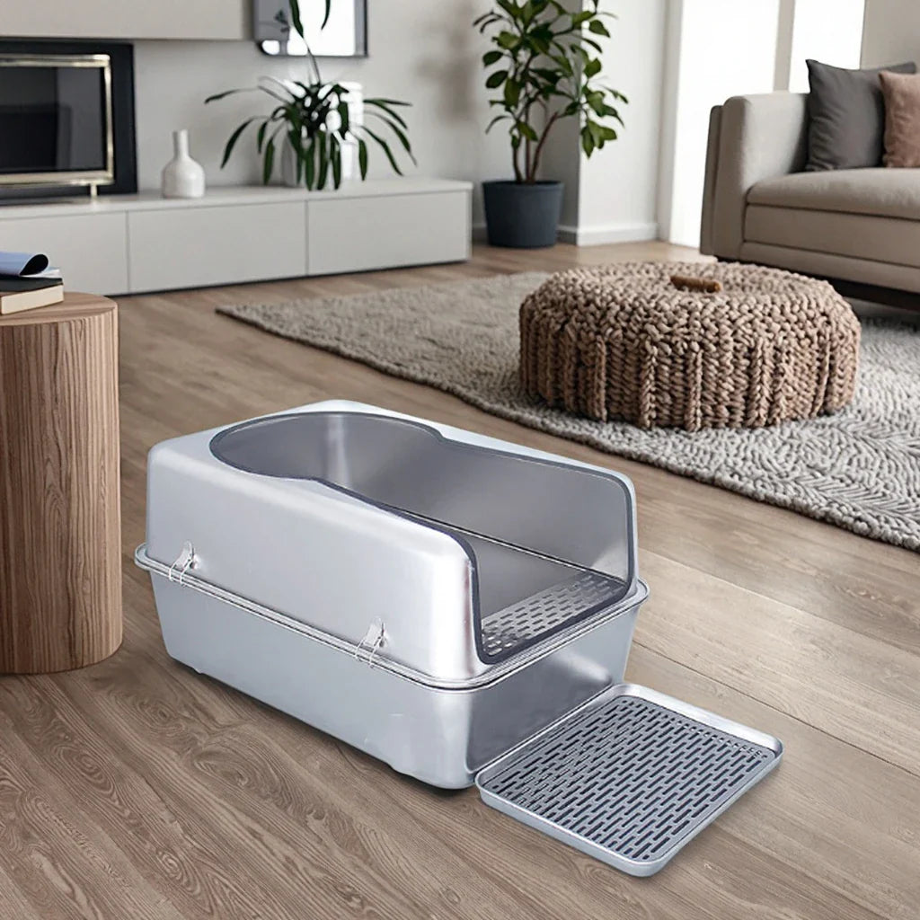 KTX-282643 Spacious Stainless Steel Cat Litter Box with 20L Inner Capacity and Easy-Clean Design