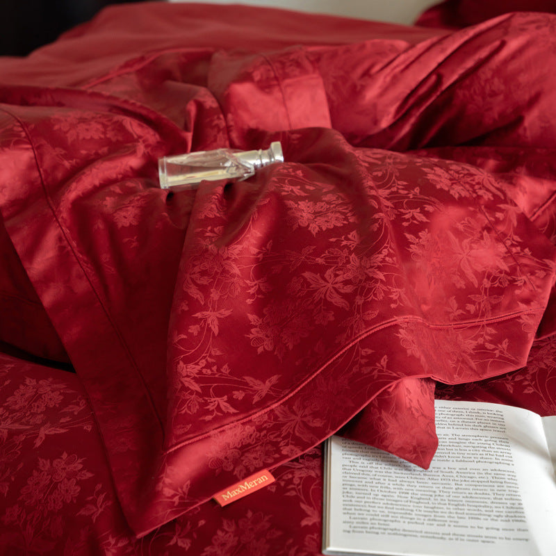 KTX-283155 Luxurious Cotton Jacquard Four-Piece Wedding Bedding Set with Floral Pattern