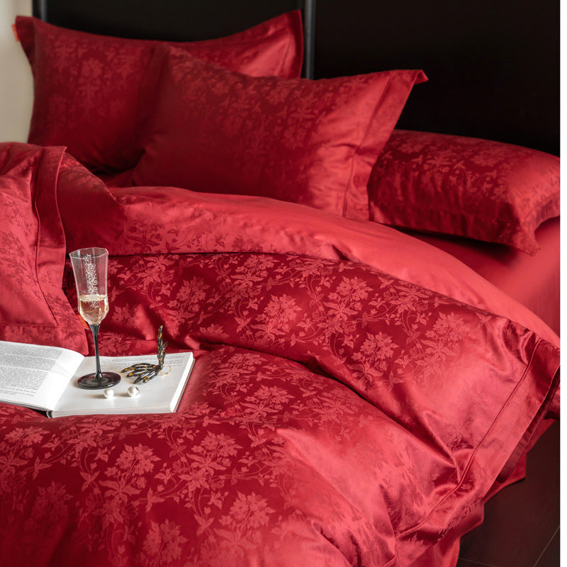 KTX-283155 Luxurious Cotton Jacquard Four-Piece Wedding Bedding Set with Floral Pattern