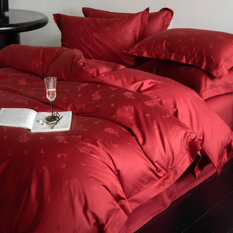 KTX-283155 Luxurious Cotton Jacquard Four-Piece Wedding Bedding Set with Floral Pattern