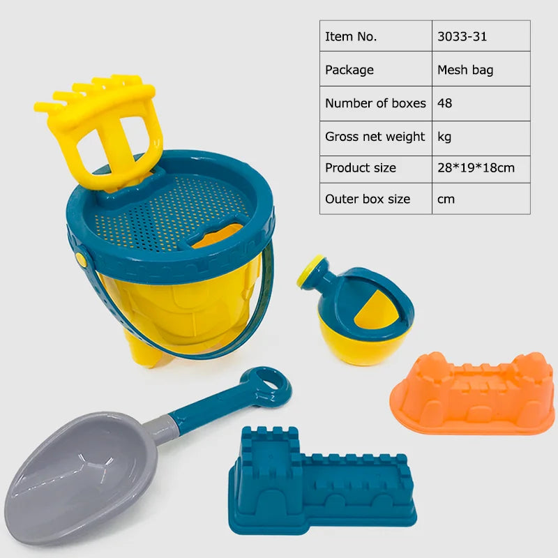 KTX-283603 Kids Beach Toy Set - 5-Piece Portable Sand Moulds with Bucket and Shovel for Outdoor Play