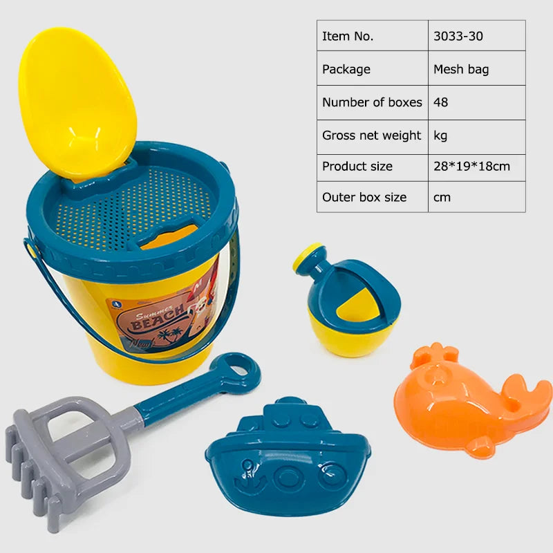 KTX-283603 Kids Beach Toy Set - 5-Piece Portable Sand Moulds with Bucket and Shovel for Outdoor Play