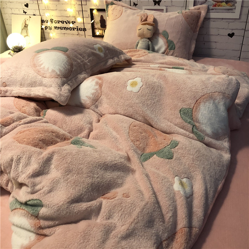 KTX-283667 Cozy Four-Piece Princess Heart and Snowflake Velvet Coral Bedding Set