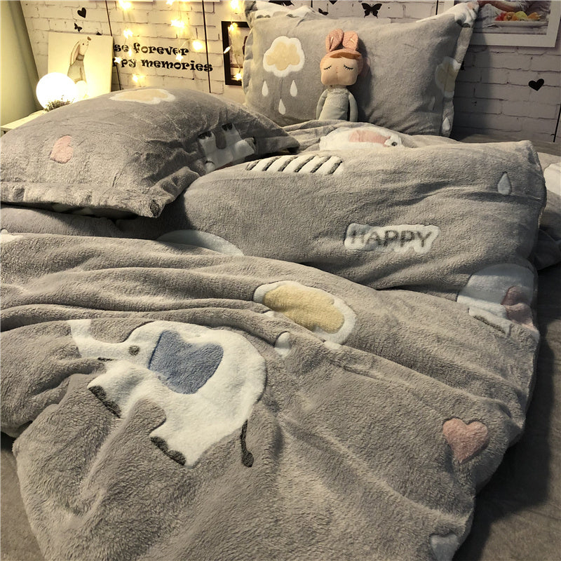 KTX-283667 Cozy Four-Piece Princess Heart and Snowflake Velvet Coral Bedding Set