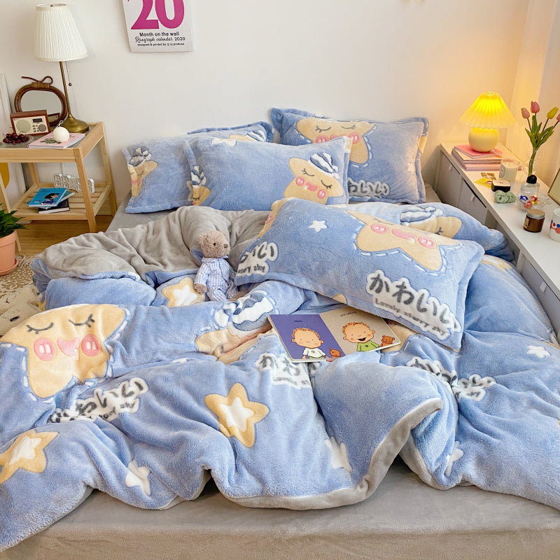 KTX-283667 Cozy Four-Piece Princess Heart and Snowflake Velvet Coral Bedding Set