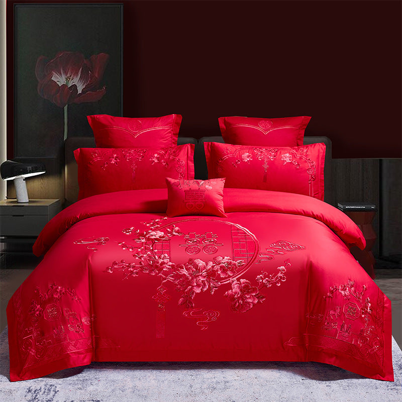KTX-285651 Cotton Wedding Embroidery Bedding Set - Dragon and Phoenix Design, 4-Piece Collection for 1.5m, 1.8m, and 2.0m Beds