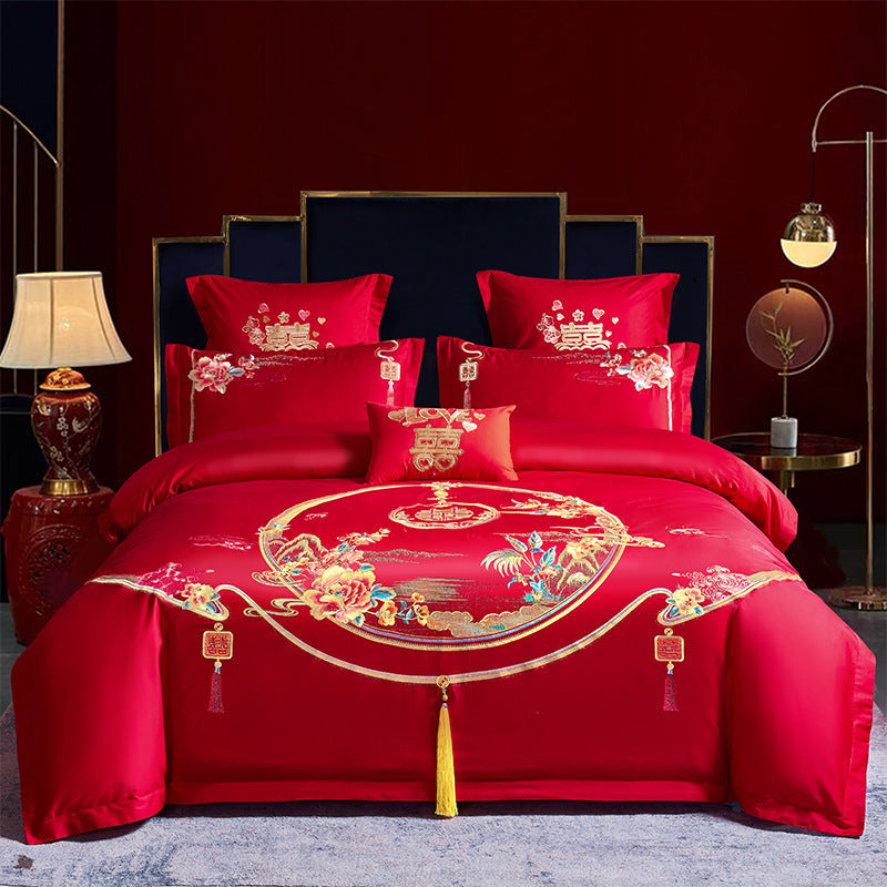 KTX-285651 Cotton Wedding Embroidery Bedding Set - Dragon and Phoenix Design, 4-Piece Collection for 1.5m, 1.8m, and 2.0m Beds