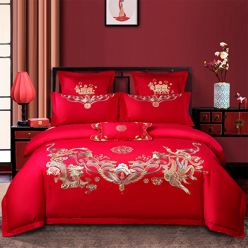 KTX-285651 Cotton Wedding Embroidery Bedding Set - Dragon and Phoenix Design, 4-Piece Collection for 1.5m, 1.8m, and 2.0m Beds