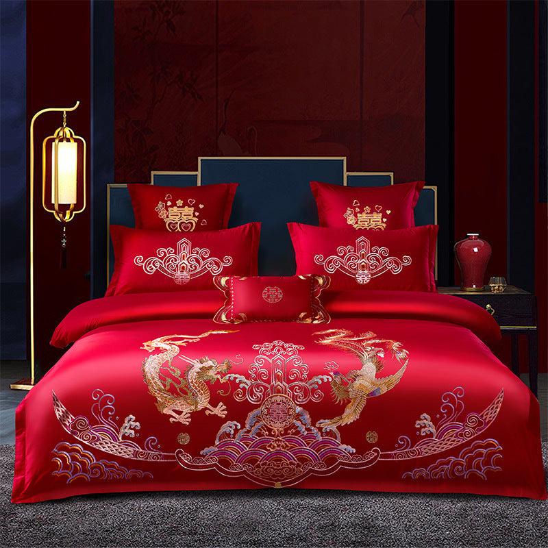 KTX-285651 Cotton Wedding Embroidery Bedding Set - Dragon and Phoenix Design, 4-Piece Collection for 1.5m, 1.8m, and 2.0m Beds