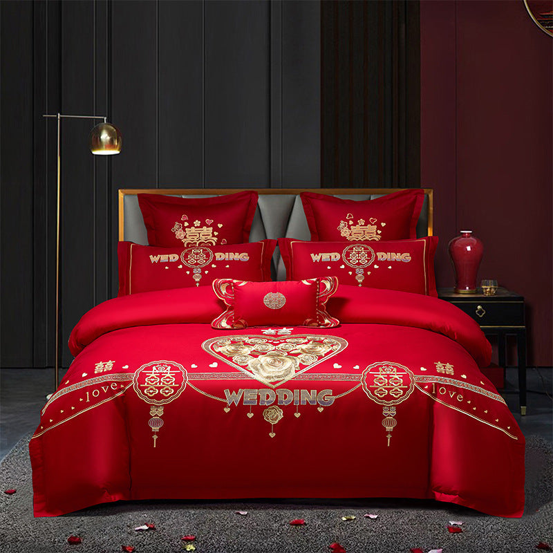 KTX-285651 Cotton Wedding Embroidery Bedding Set - Dragon and Phoenix Design, 4-Piece Collection for 1.5m, 1.8m, and 2.0m Beds